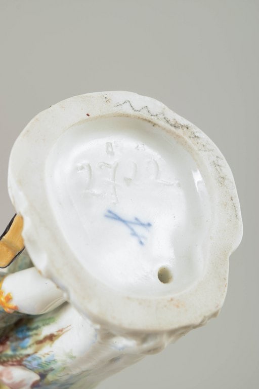 Meissen, Germany. Porcelain figurine, nobleman with flute and dog with polychrome colors. 19th - 4