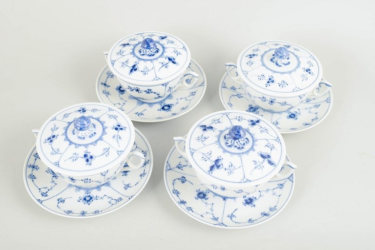 Royal Copenhagen, Denmark. Blue Fluted Plain, set of four porcelain bouillon cups with matching - 2