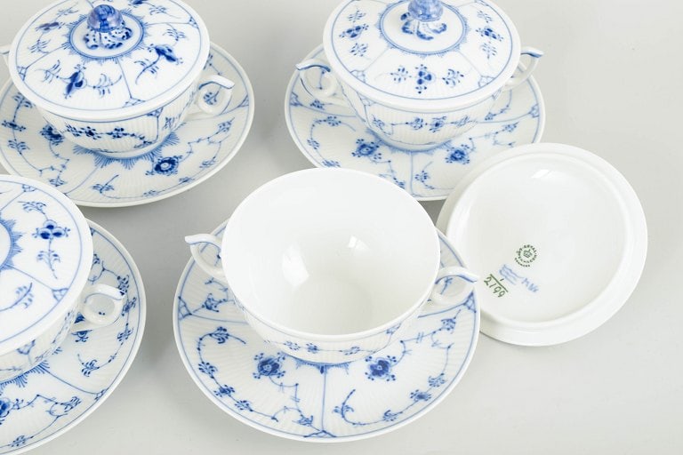 Royal Copenhagen, Denmark. Blue Fluted Plain, set of four porcelain bouillon cups with matching - 3