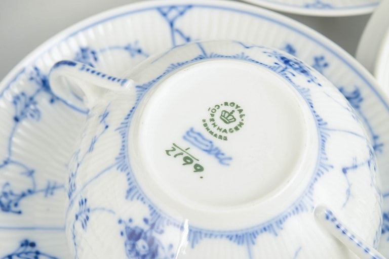 Royal Copenhagen, Denmark. Blue Fluted Plain, set of four porcelain bouillon cups with matching - 4