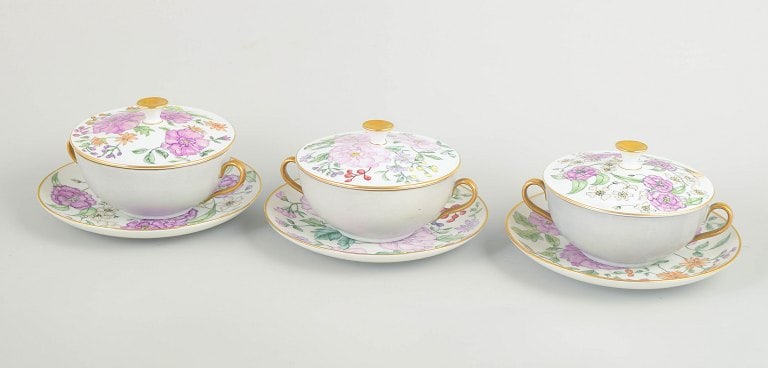 Bing & Grondahl, Denmark. Set of three porcelain bouillon cups with saucers with floral decoration. (1 of 4)