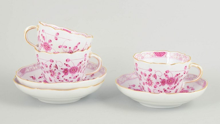 Meissen, Germany. Set of three large porcelain coffee cups with matching saucers with floral (1 of 4)