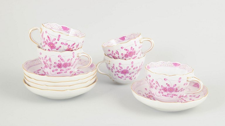 Meissen, Germany. Set of five large porcelain coffee cups with matching saucers with floral (1 of 4)