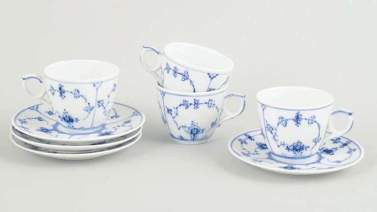 Royal Copenhagen, Denmark. Blue Fluted Plain Set of four porcelain cups with matching saucers with (1 of 4)