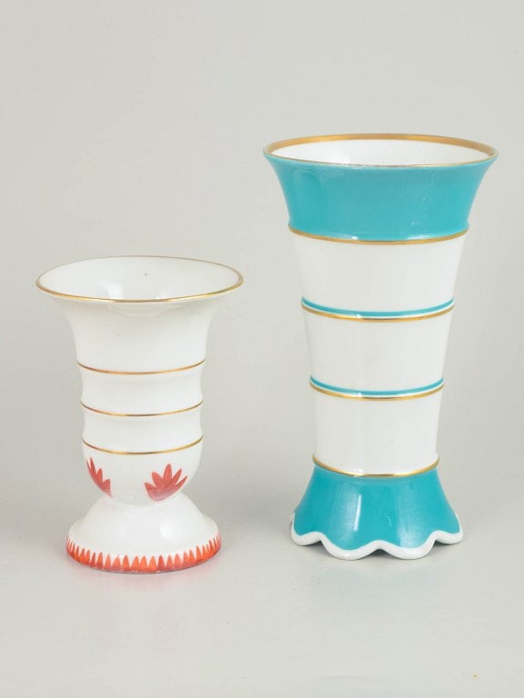 Germany. Two art deco small porcelain vases in white, turquoise and red tones with gilded details. (1 of 4)