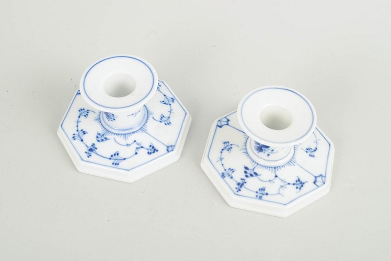 Royal Copenhagen, Denmark. Blue Fluted Half Lace, a pair of porcelain candlesticks with decoration - 2