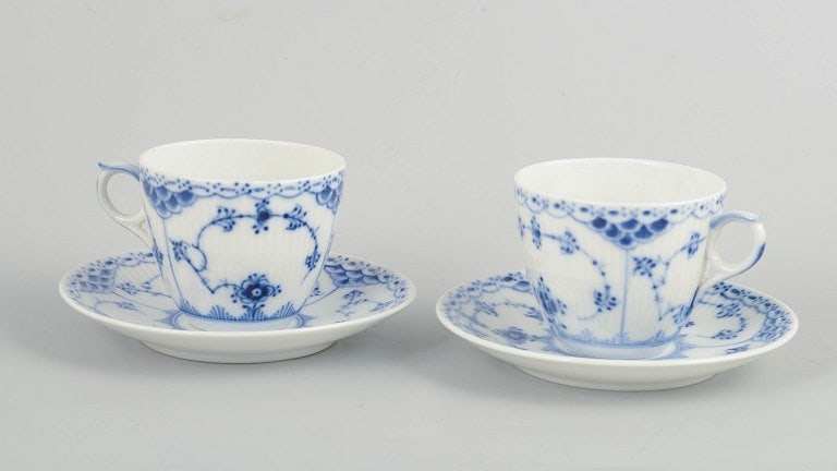 Royal Copenhagen, Denmark. Blue Fluted Half Lace, set of two porcelain coffee cups with matching (1 of 4)