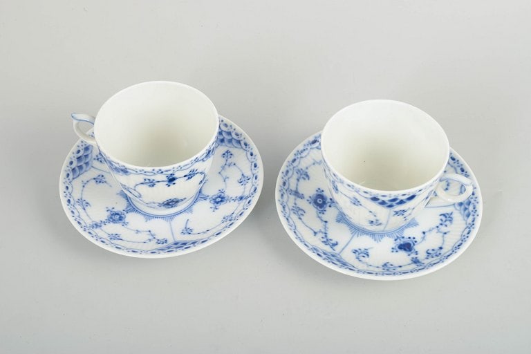 Royal Copenhagen, Denmark. Blue Fluted Half Lace, set of two porcelain coffee cups with matching - 2
