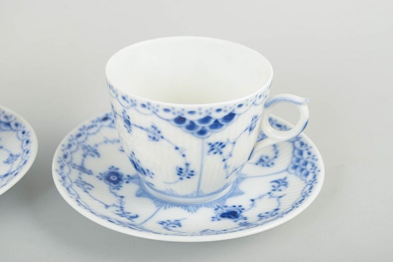 Royal Copenhagen, Denmark. Blue Fluted Half Lace, set of two porcelain coffee cups with matching - 3