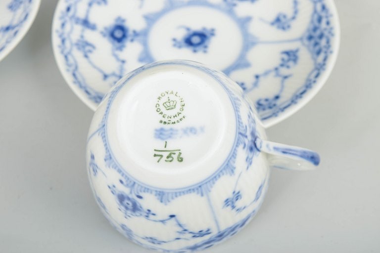 Royal Copenhagen, Denmark. Blue Fluted Half Lace, set of two porcelain coffee cups with matching - 4