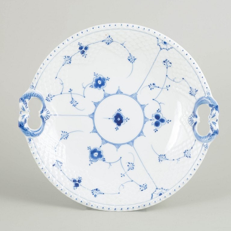 Bing & Grøndahll, Denmark. Blue Fluted round dish with handles with underglaze decoration in (1 of 4)