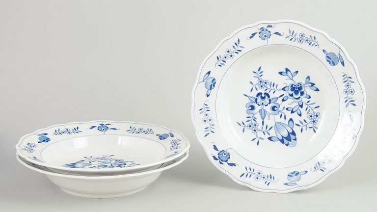 Meissen, Germany. Blue Orchid, set of three porcelain soup plates with blue decoration. Approx. (1 of 4)