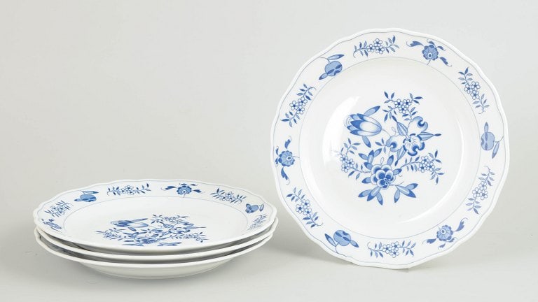 Meissen, Germany. Blue Orchid, set of four porcelain lunch plates. Approx. 1940s.: Meissen Blue Orchid, set of four lunch plates. Set of four hand-painted porcelain lunch plates with Blue Orchid decoration. Produced by Meissen and marked with the Meissen crossed swords. Cancelled wi