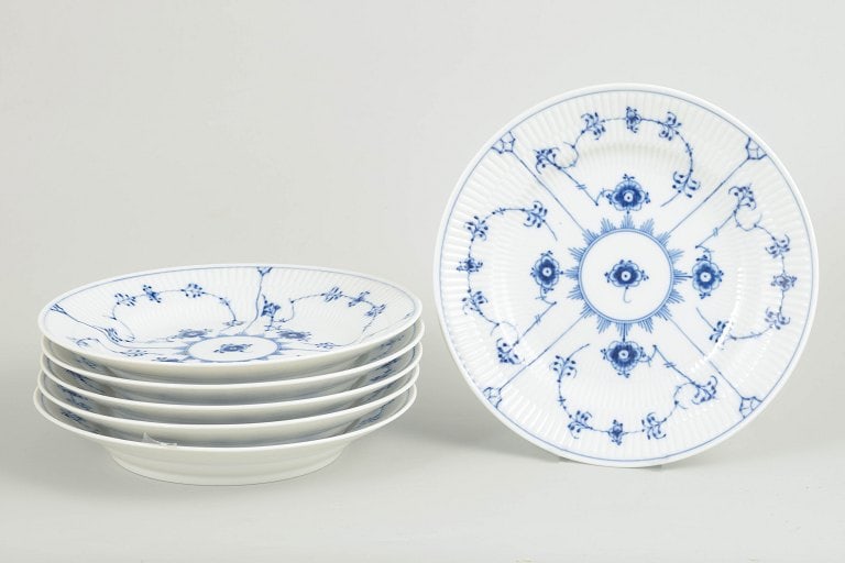 Royal Copenhagen, Denmark. Blue Fluted Plain set of six porcelain salad/lunch plates with underglaze (1 of 4)