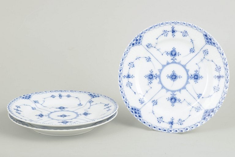 Royal Copenhagen, Denmark. Blue Fluted Half Lace set of three porcelain salad plates with underglaze: Royal Copenhagen Blue Fluted Half Lace set of three salad plates. Set of three hand-painted porcelain salad plates from the Blue Fluted Half Lace service with classic underglaze cobalt blue decoration