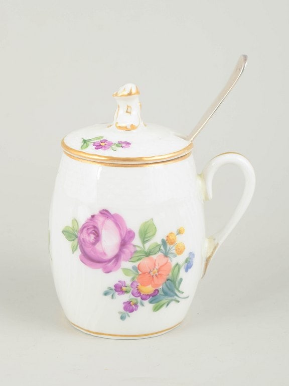 Royal Copenhagen, Denmark. Saxon Flower porcelain mustard jar with lid and silver spoon. Approx. (1 of 6)