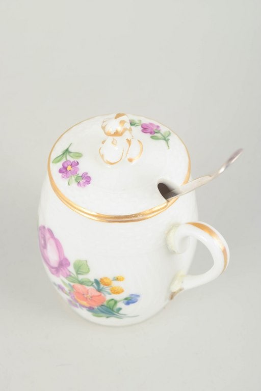 Royal Copenhagen, Denmark. Saxon Flower porcelain mustard jar with lid and silver spoon. Approx. - 2