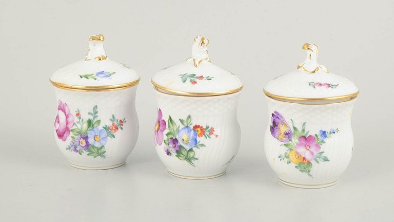 Royal Copenhagen, Denmark. Saxon Flower set of three porcelain lidded cream cups. Approx. 1960s. (1 of 4)
