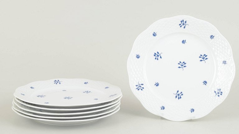 Herend, Hungary. Set of six porcelain plates with blue floral motif. Circa 1930s. (1 of 4)