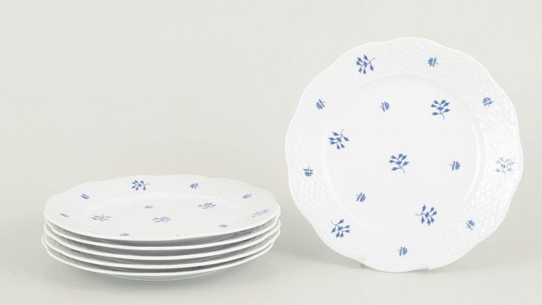 Herend, Hungary. Set of six porcelain plates with a delicate blue floral motif. Circa 1930s. (1 of 4)