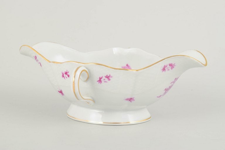 Herend Apponyi Pink, Hungary. Porcelain sauce boat with floral motifs in pink tones. Mid-20th (1 of 4)