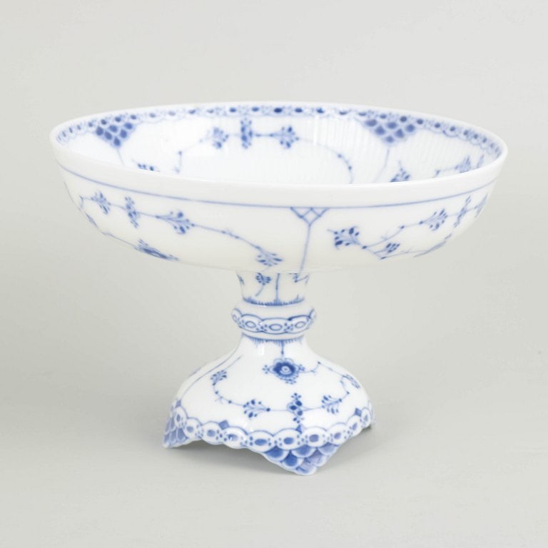 Royal Copenhagen, Denmark. Blue Fluted Half Lace porcelain compote with underglaze cobalt blue (1 of 4)