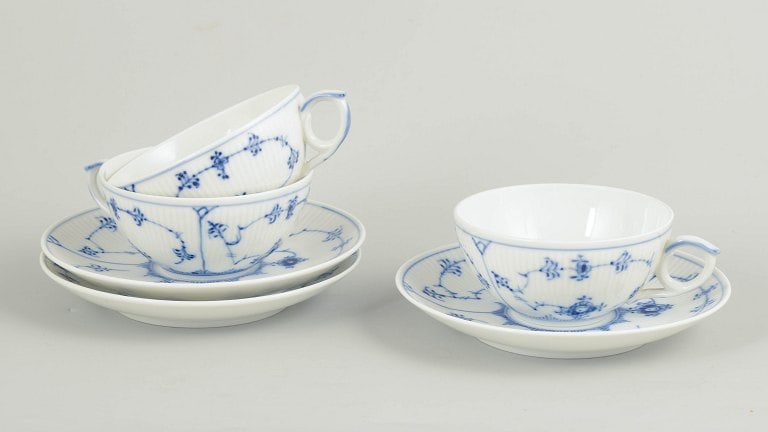 Royal Copenhagen, Denmark. Blue Fluted Plain set of three porcelain tea cups with matching saucers (1 of 4)
