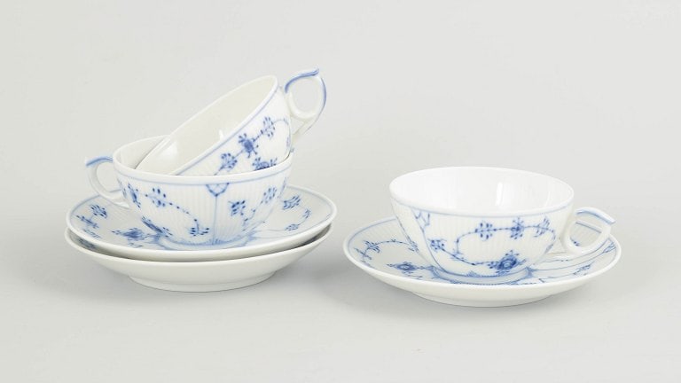 Royal Copenhagen, Denmark. Blue Fluted Plain set of three porcelain tea cups with matching saucers (1 of 4)
