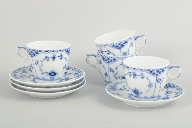 Royal Copenhagen, Denmark. Blue Fluted Half Lace, set of four porcelain coffee cups with matching (1 of 4)