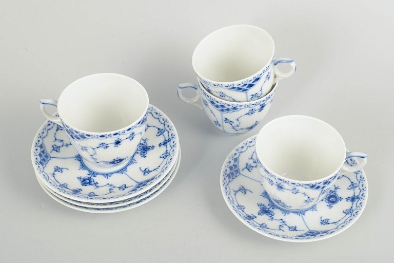Royal Copenhagen, Denmark. Blue Fluted Half Lace, set of four porcelain coffee cups with matching - 2