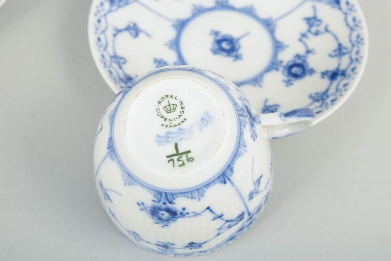 Royal Copenhagen, Denmark. Blue Fluted Half Lace, set of four porcelain coffee cups with matching - 4