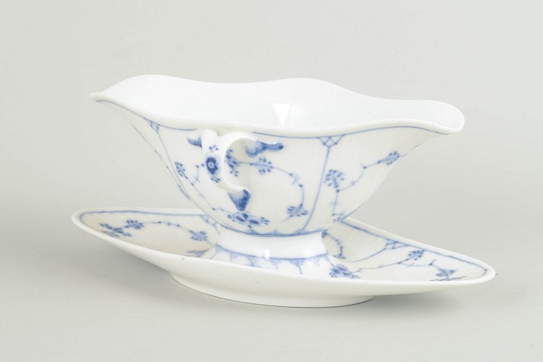 Royal Copenhagen, Denmark. Blue Fluted Plain, porcelain sauce boat with attached stand with (1 of 4)