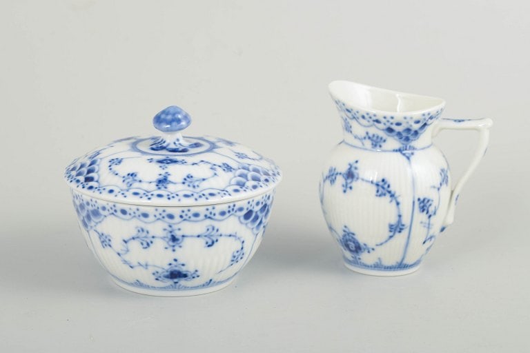 Royal Copenhagen, Denmark. Blue Fluted Half Lace, porcelain sugar bowl and creamer with decoration (1 of 4)