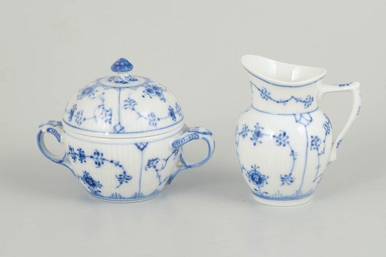 Royal Copenhagen, Denmark. Blue Fluted Plain, porcelain sugar bowl with lid and creamer in cobalt (1 of 5)