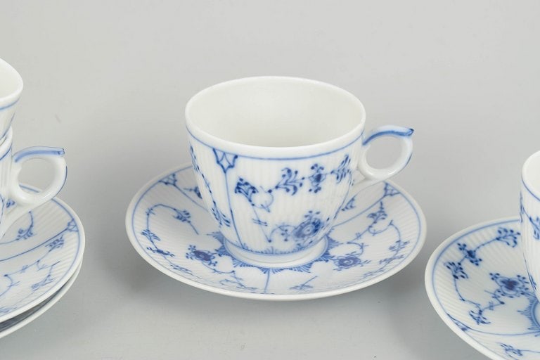 Royal Copenhagen, Denmark. Blue Fluted Plain, set of four porcelain coffee cups with saucers in - 3