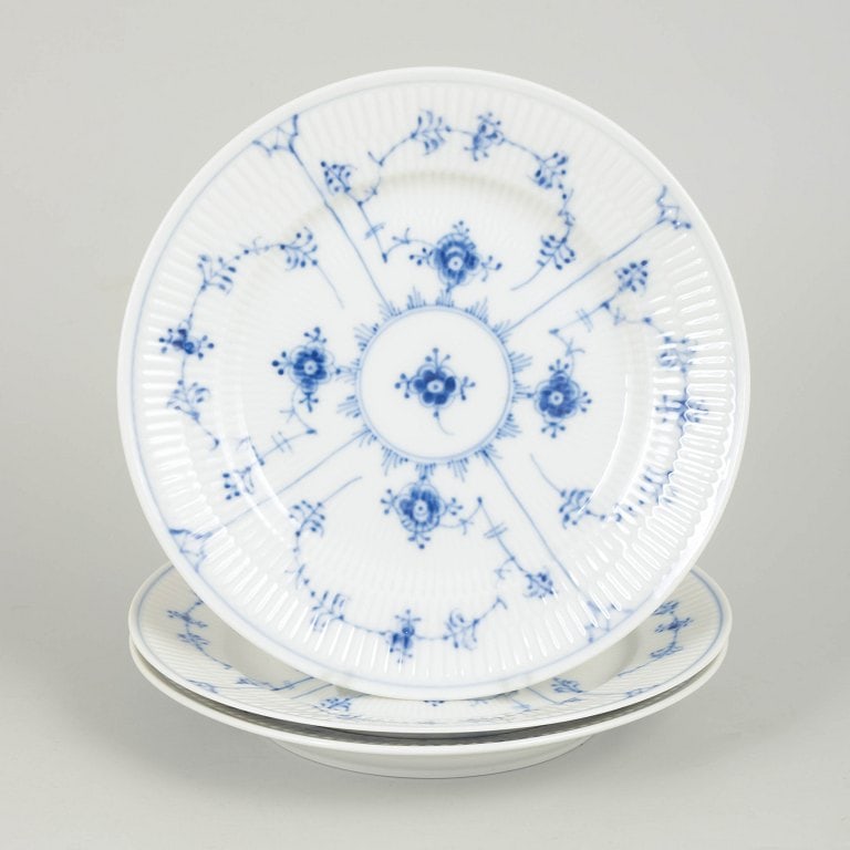 Royal Copenhagen, Denmark. Blue Fluted Plain, set of three porcelain salad plates in cobalt (1 of 4)