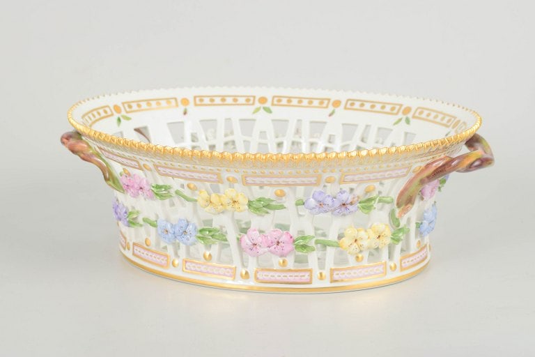 Royal Copenhagen, Denmark. Flora Danica basket with pierced body and botanical decoration. Approx. (1 of 5)