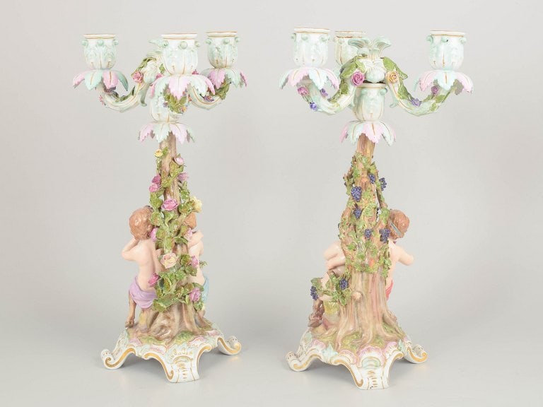 Meissen, Germany. Pair of porcelain three-light candlesticks with tree trunk, floral decoration and - 2