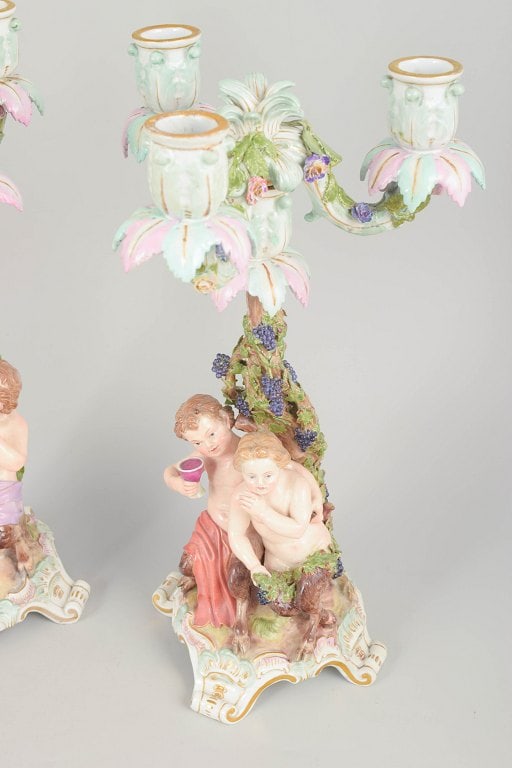 Meissen, Germany. Pair of porcelain three-light candlesticks with tree trunk, floral decoration and - 3