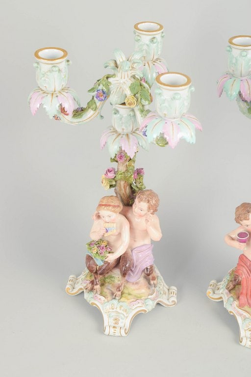 Meissen, Germany. Pair of porcelain three-light candlesticks with tree trunk, floral decoration and - 4