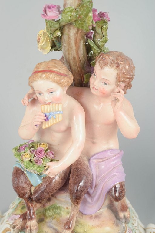 Meissen, Germany. Pair of porcelain three-light candlesticks with tree trunk, floral decoration and - 5