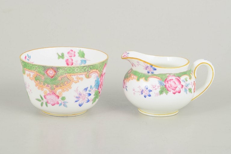 Royal Doulton, England. Temple series porcelain creamer and sugar bowl with colourful floral (1 of 4)