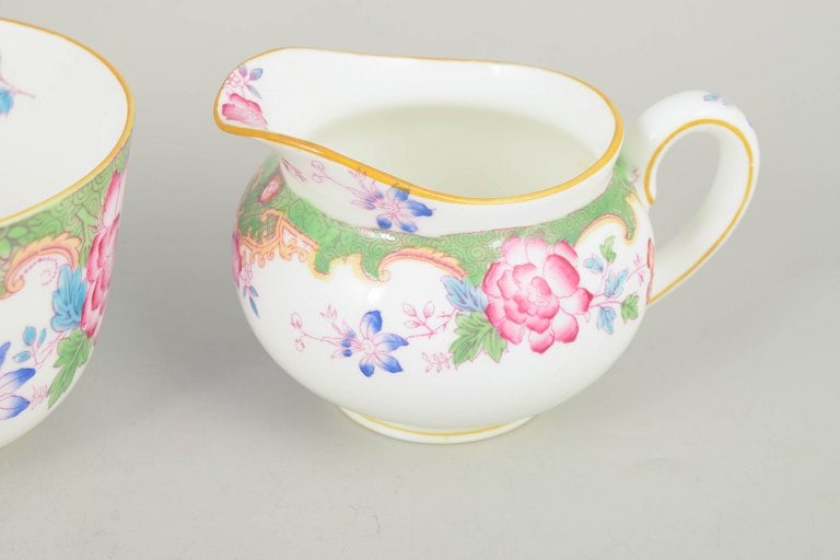Royal Doulton, England. Temple series porcelain creamer and sugar bowl with colourful floral - 3