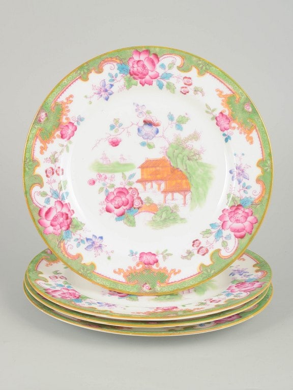 Royal Doulton, England. Temple series set of four porcelain salad plates with colourful floral and: Royal Doulton Temple series set of four salad plates. Decorative porcelain salad plates with colourful floral and scenic decoration in the Temple pattern, featuring central oriental motifs and a