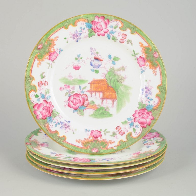 Royal Doulton, England. Temple series set of five porcelain salad plates with colourful floral and (1 of 4)