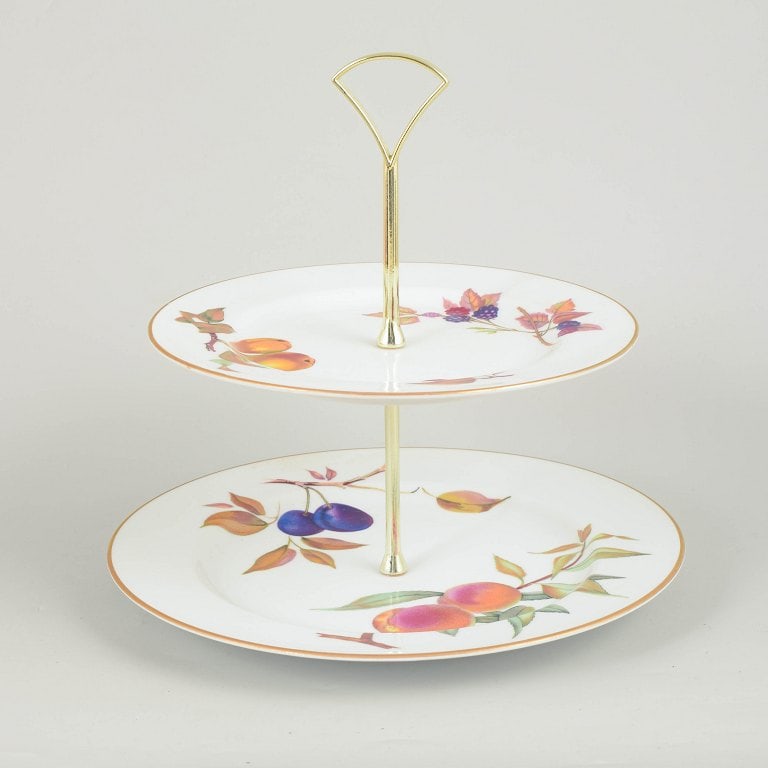 Royal Worcester Evesham, England. Porcelain two-tier cake stand with fruit decoration in warm tones (1 of 4)