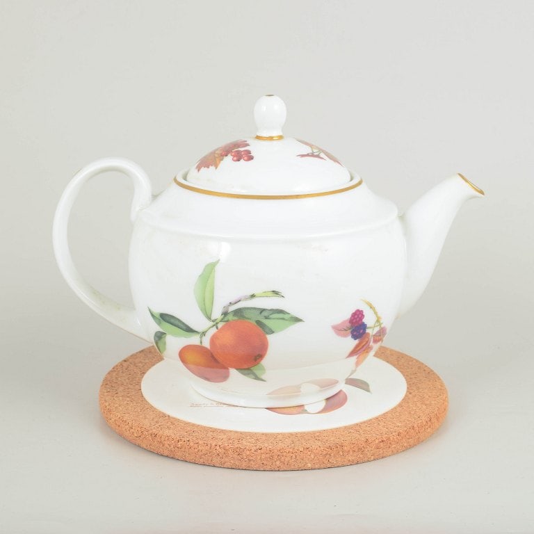 Royal Worcester Evesham, England. Porcelain teapot with stand with fruit decoration in warm tones (1 of 4)