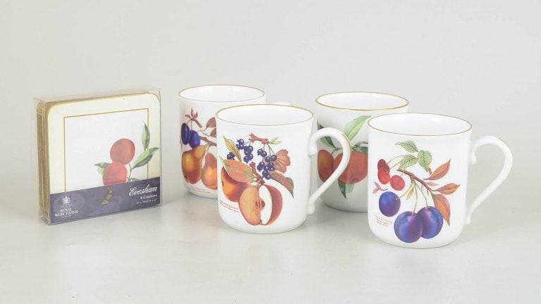 Royal Worcester Evesham, England. Set of four porcelain mugs and set of six coasters with fruit (1 of 4)