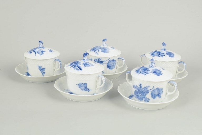 Royal Copenhagen, Denmark. Blue Flower Curved, set of five bouillon cups with matching saucers. (1 of 4)
