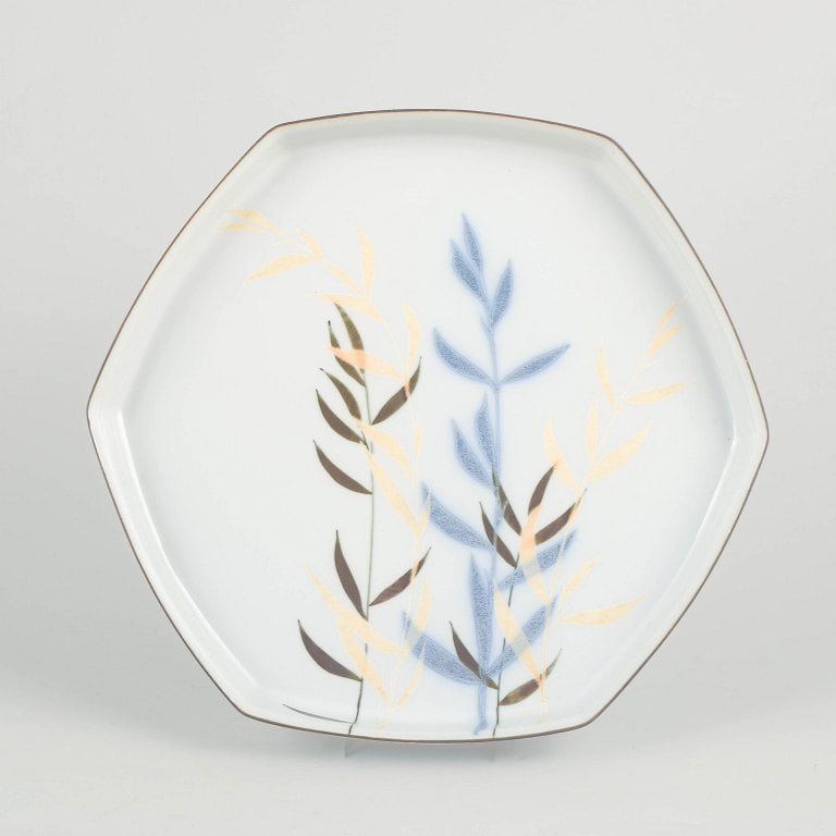 Ivan Weiss for Royal Copenhagen, Denmark. Large porcelain dish with Japanese Bamboo in blue, golden (1 of 4)